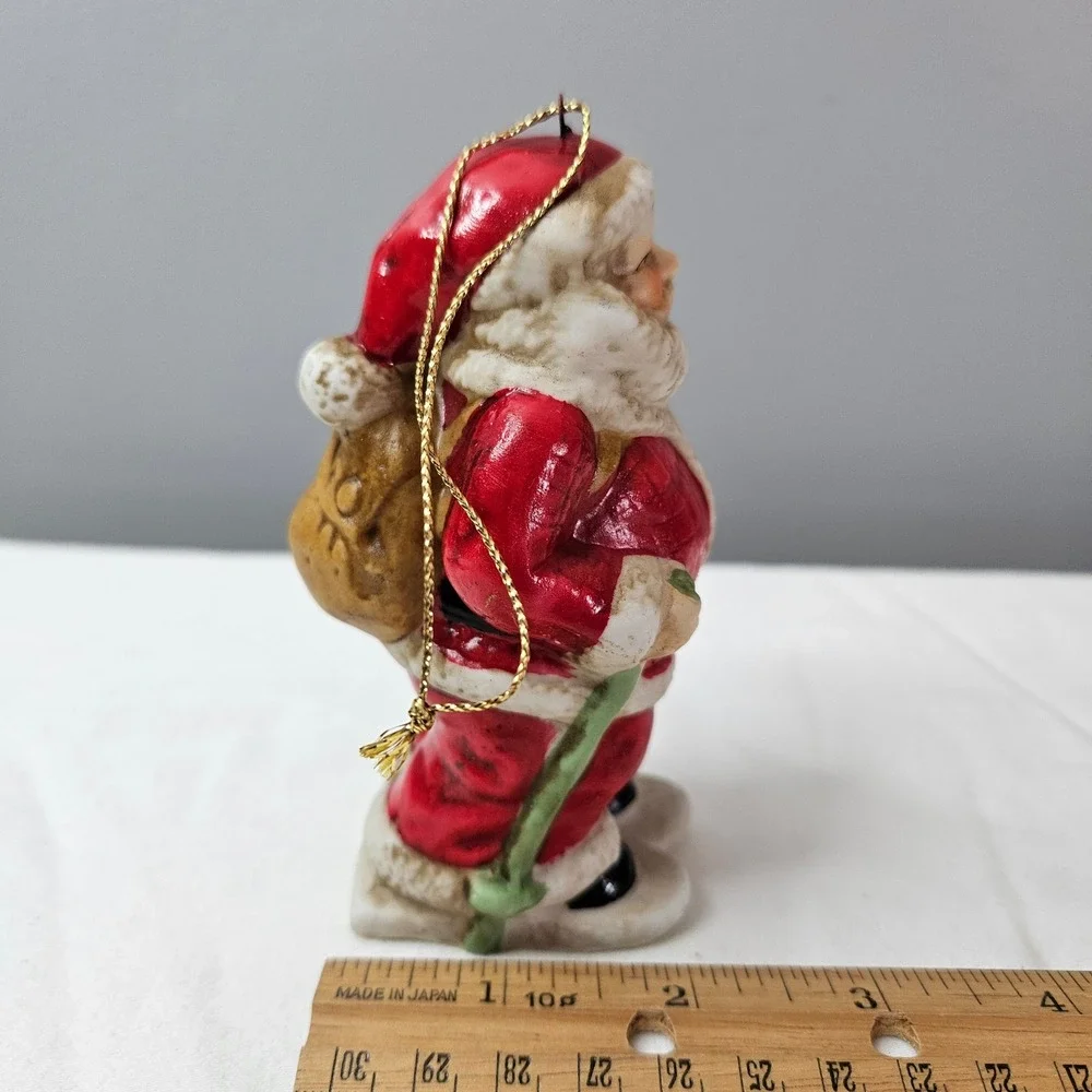 Vtg 1992‎ Santa Claus Ceramic Christmas Ornament Toy Sack Skies 4.5